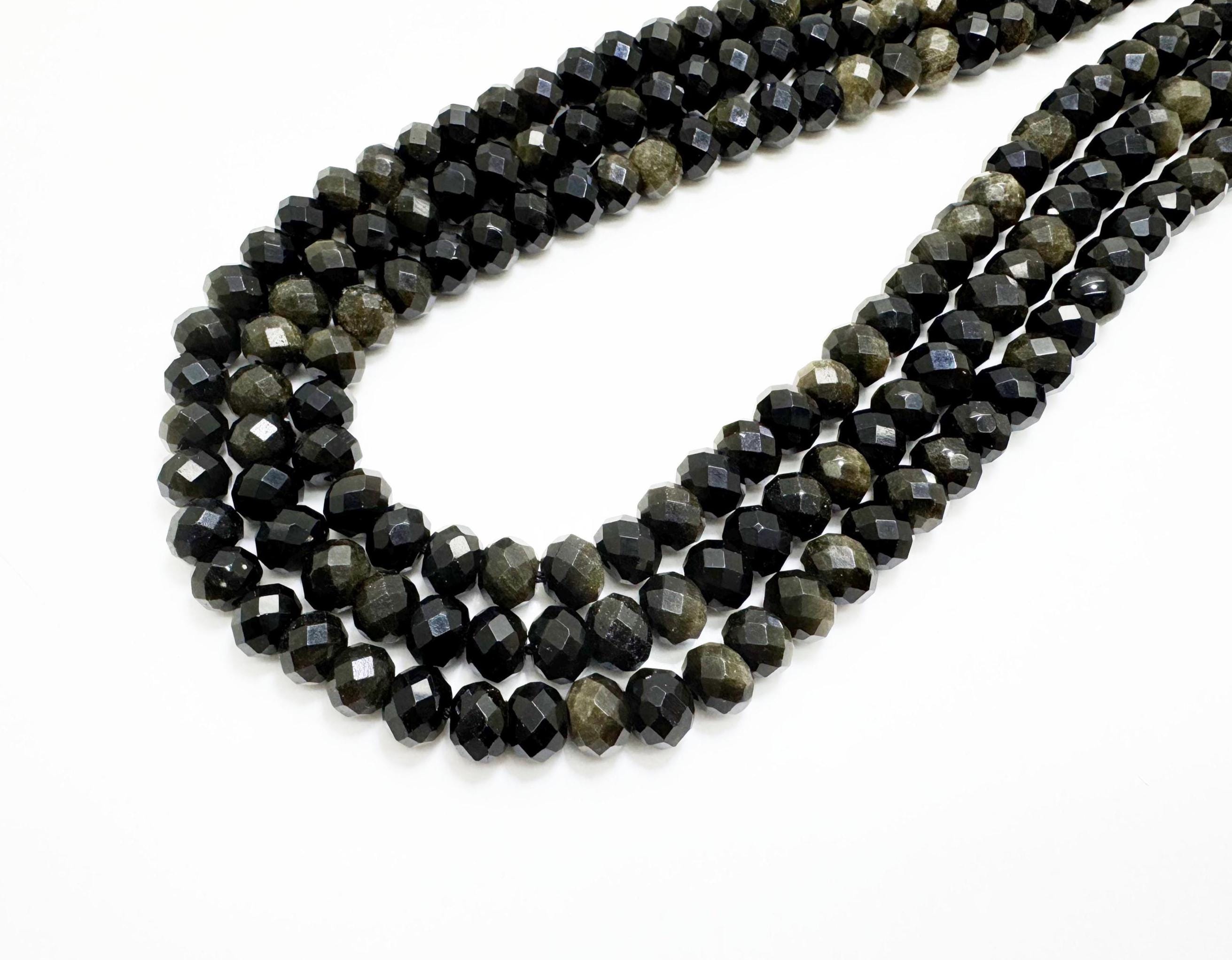 Golden Obsidian Faceted Rondelle Beads 6x8mm | Natural Black Gold Sheen Gemstone Beads | 14.5” Strand | Jewelry Making Supplies - Rdf04