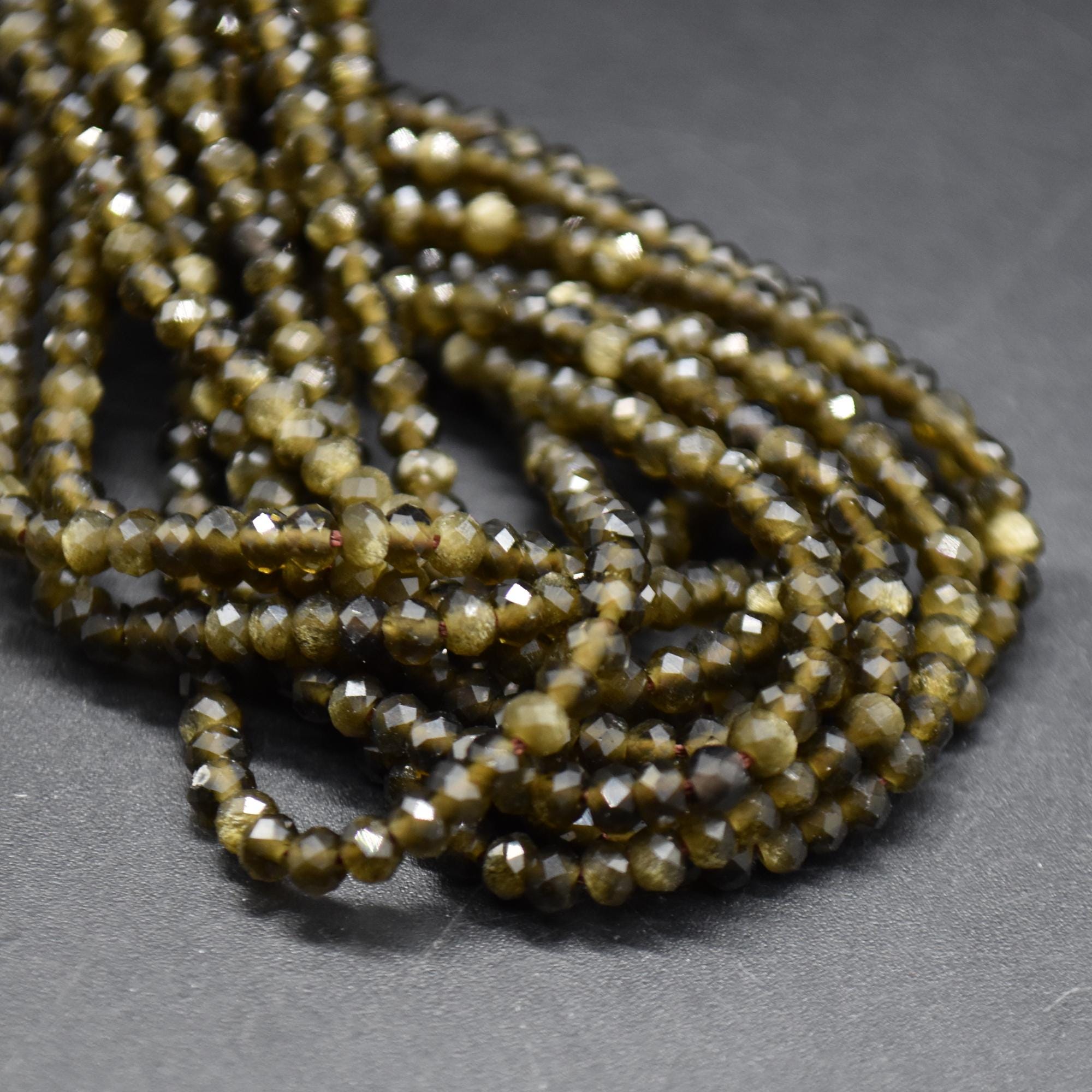 Golden Sheen Obsidian Faceted Rondelle Spacer Beads - 3mm X 2mm - 15" Strand, For Jewellery Making