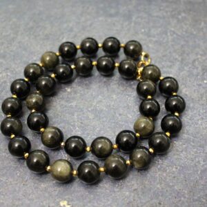 Golden Obsidian Beaded Necklace: 12mm Round Beads, Gold Accents