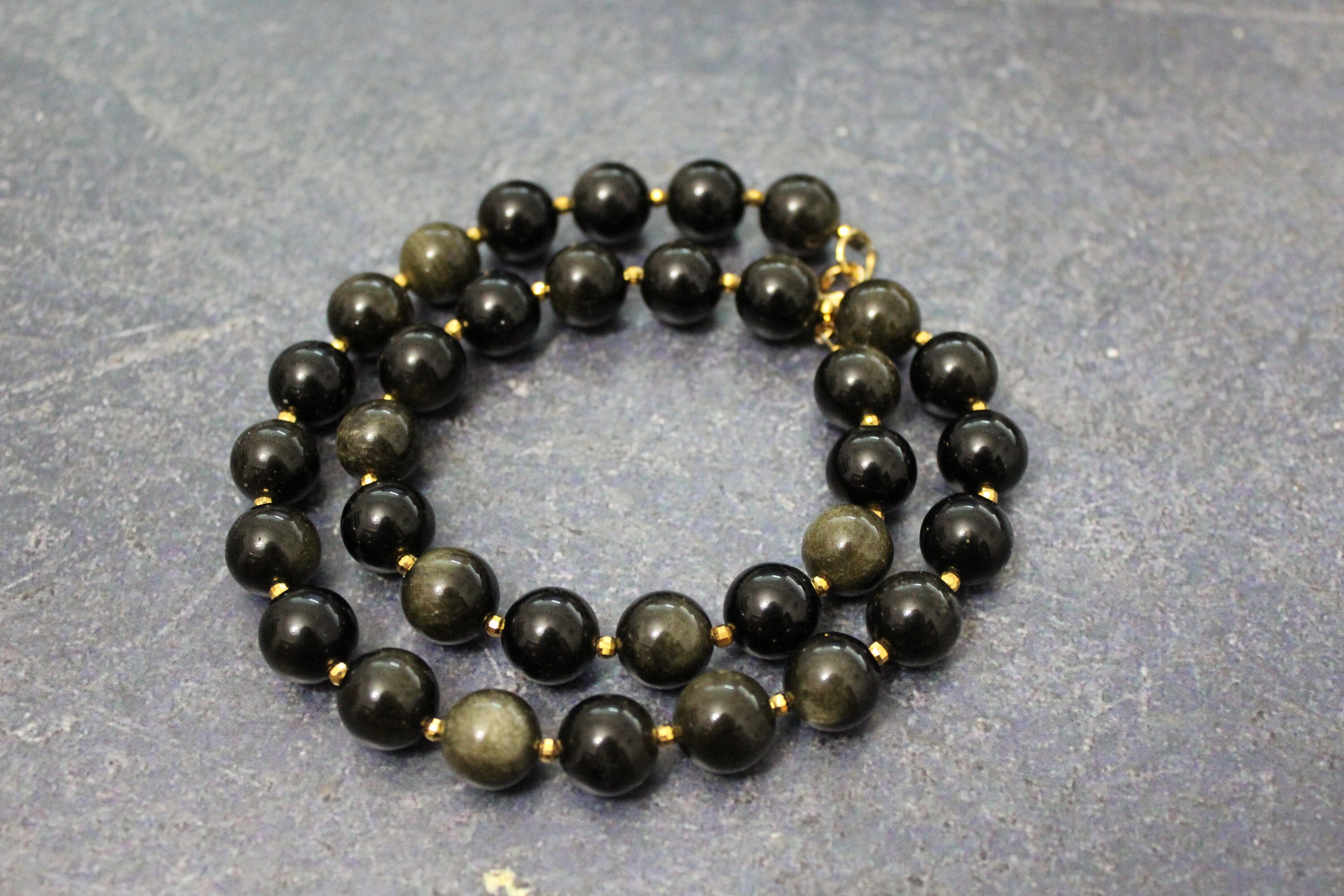 Golden Obsidian Beaded Necklace: 12mm Round Beads, Gold Accents