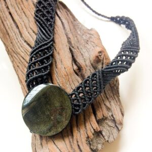 Golden Obsidian Necklace, Black Necklace, Round Golden Obsidian Necklace, Wide Black Macrame Necklace, Volcanic Lava Stone, Mexican Obsidian