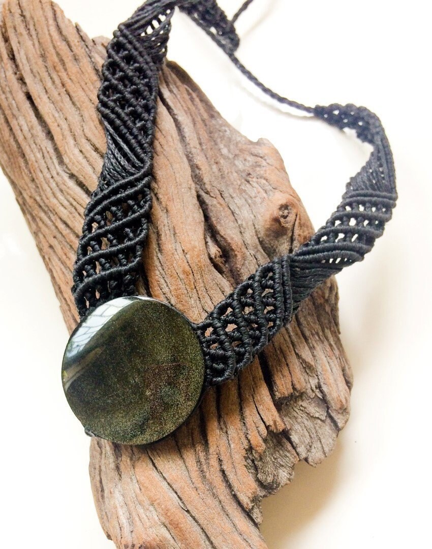 Golden Obsidian Necklace, Black Necklace, Round Golden Obsidian Necklace, Wide Black Macrame Necklace, Volcanic Lava Stone, Mexican Obsidian