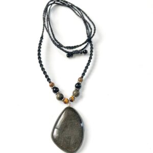 Golden Obsidian Macrame Necklace, Black Necklace, Golden Shin Obsidian Teardrop Necklace, Shiny Stone, Volcanic Lava Stone, Mexican Obsidian