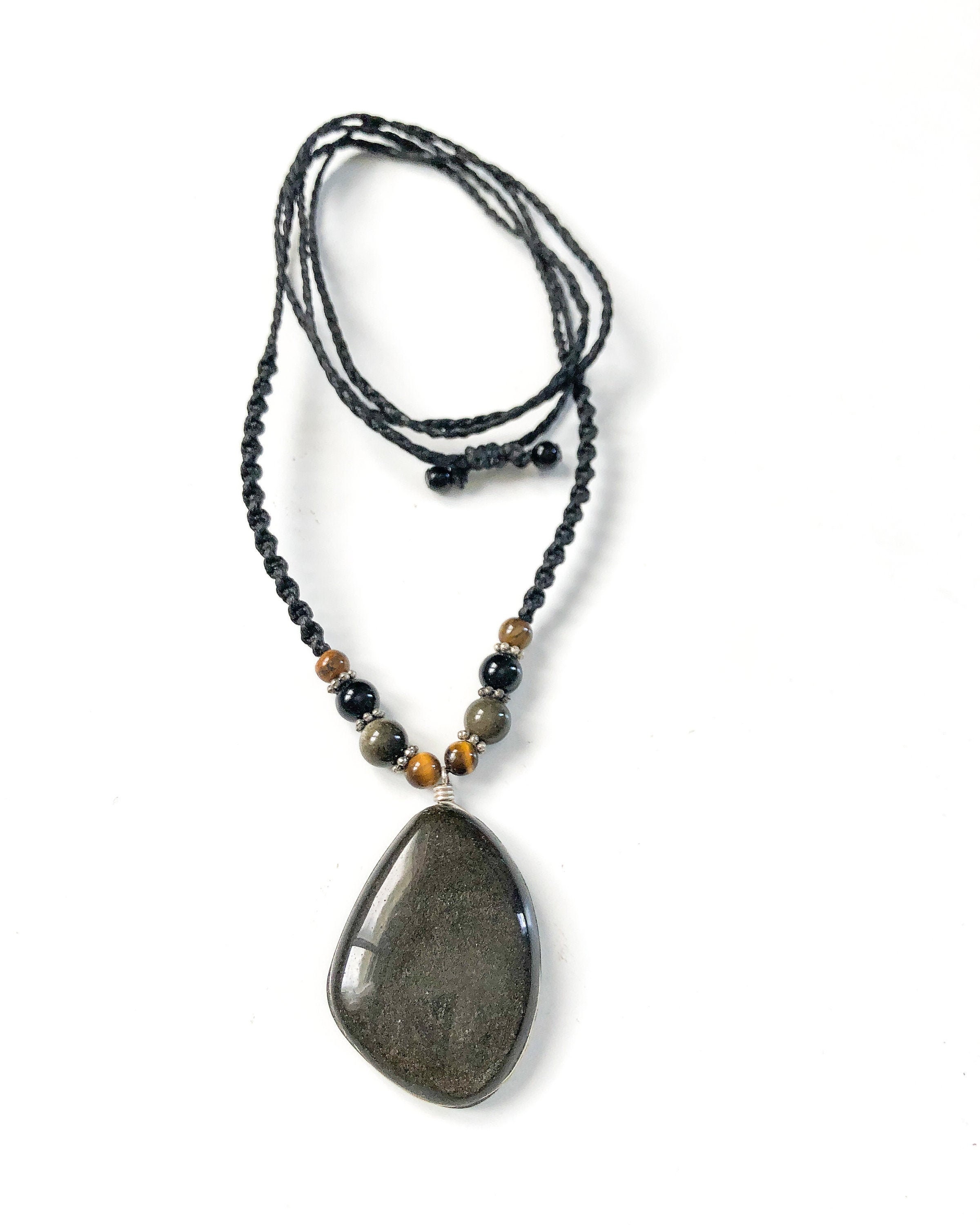 Golden Obsidian Macrame Necklace, Black Necklace, Golden Shin Obsidian Teardrop Necklace, Shiny Stone, Volcanic Lava Stone, Mexican Obsidian