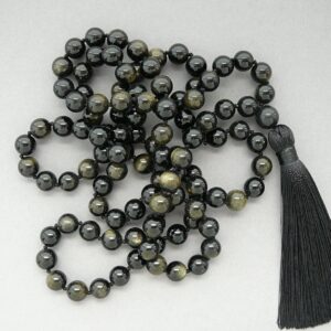 Obsidian Mala Necklace Gold Sheen Obsidian 108 Mala Necklace Black Tassel Necklace 8mm Hand Knotted Black Necklace for Man Women Yoga Gift