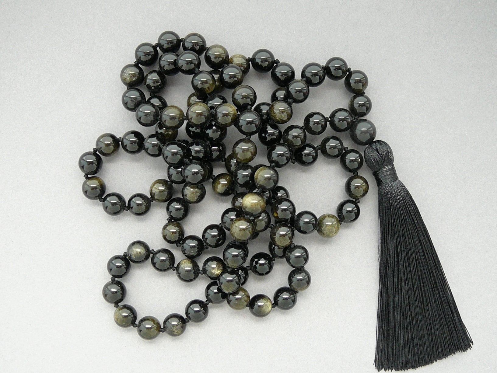 Obsidian Mala Necklace Gold Sheen Obsidian 108 Mala Necklace Black Tassel Necklace 8mm Hand Knotted Black Necklace For Man Women Yoga Gift Obsidian Mala Necklace Gold Sheen Obsidian 108 Mala Necklace Black Tassel Necklace 8mm Hand Knotted Black Necklace For Man Women Yoga Gift