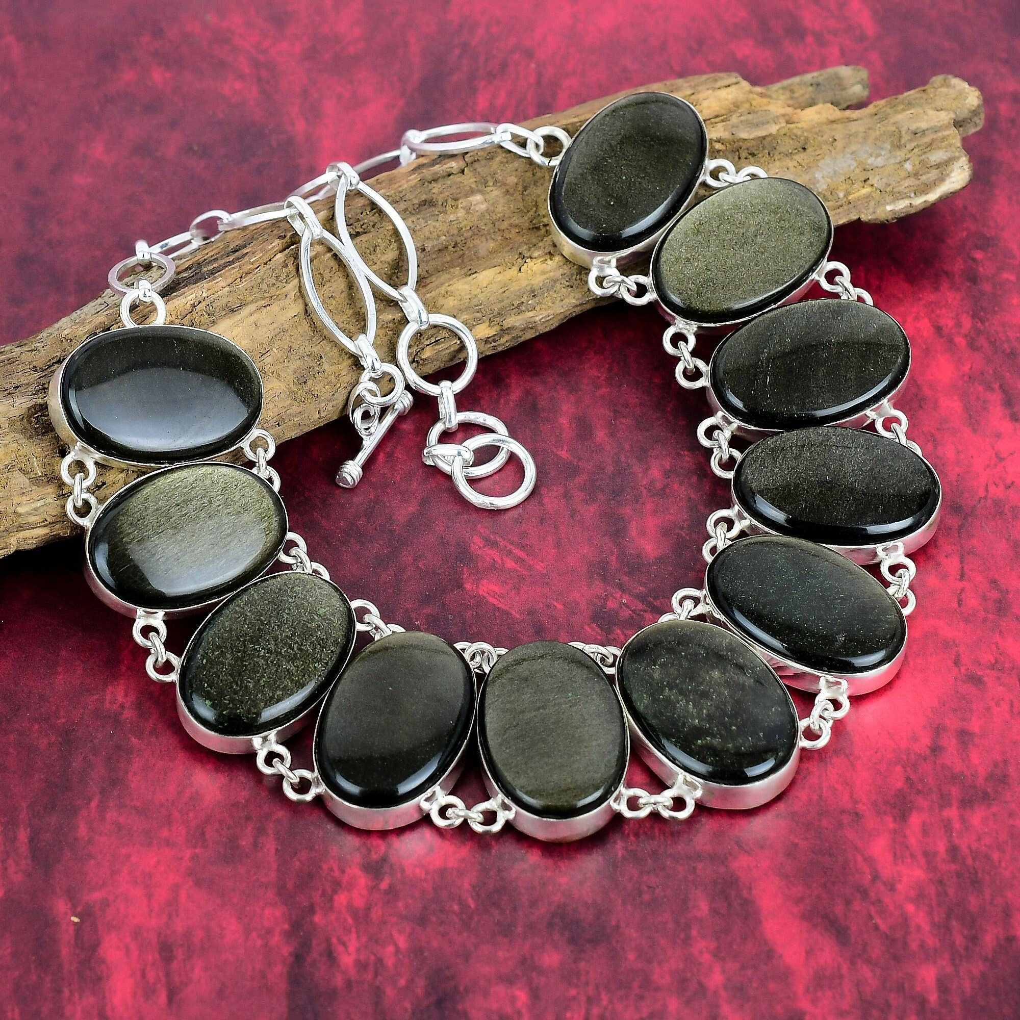 Golden Sheen Obsidian, 925 Sterling, Silver Obsidian, Gemstone, Jewelry Healing Jewelry, Adjustable Chain Necklace, New Year Gifts.
