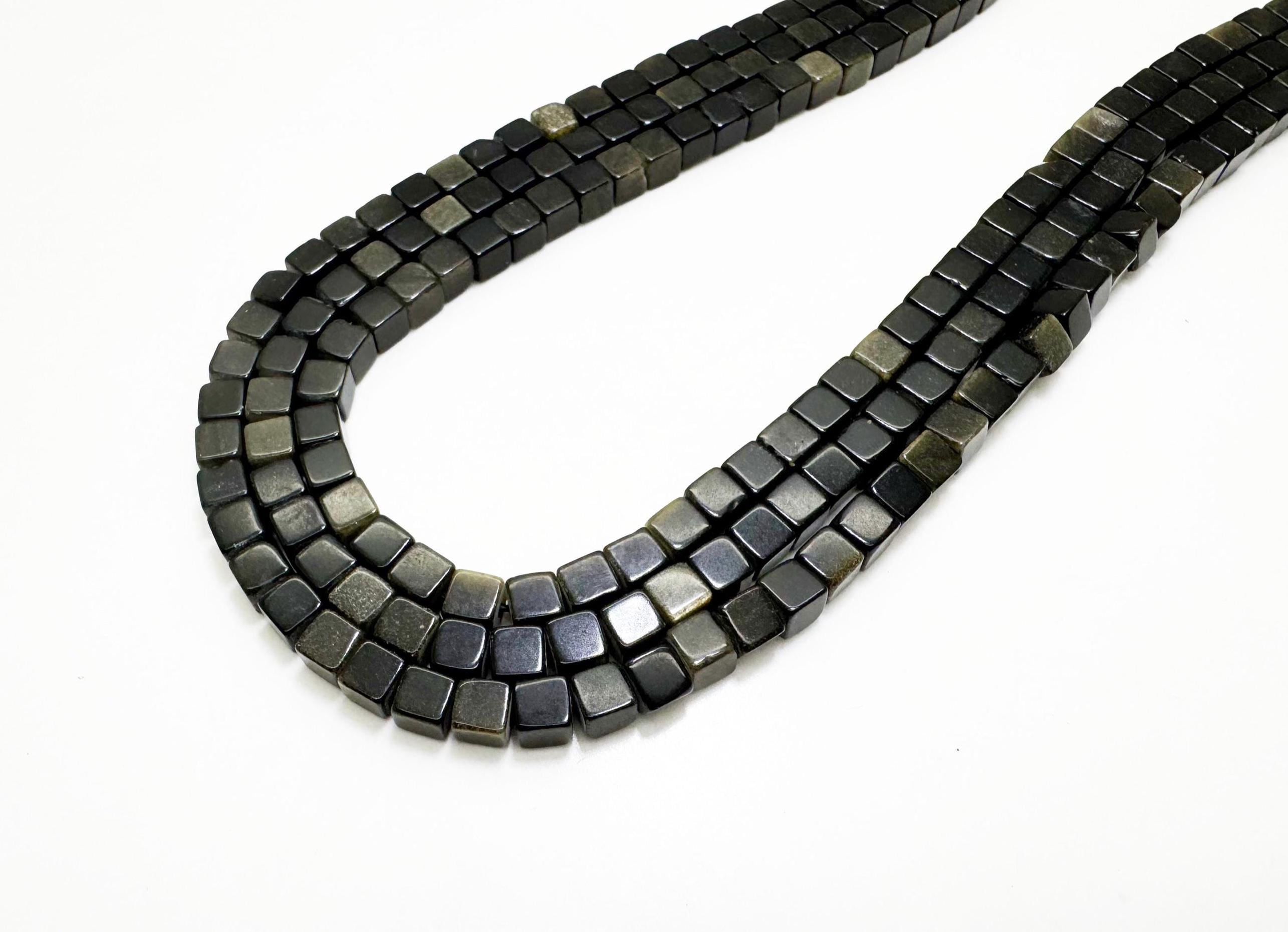 Natural Golden Obsidian Cube Beads 4mm | Polished Square Golden Sheen Obsidian | 15.5" Strand | Protection & Grounding Stone - Pgs101