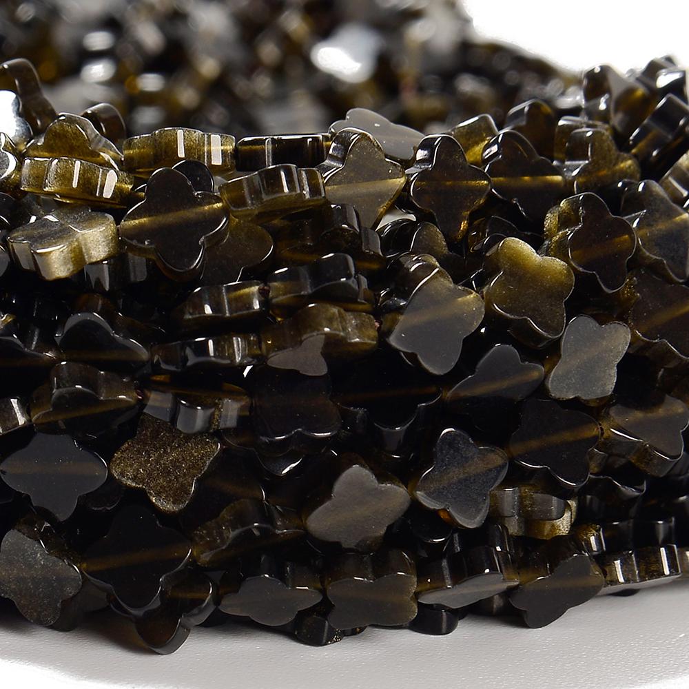 Golden Sheen Obsidian Gemstone Carved Leaf Clover 6mm Loose Beads (d644)