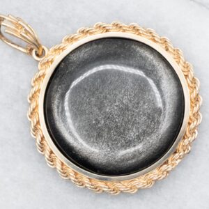 14K Yellow Gold Golden Sheen Obsidian Pendant, Large Round Stone
