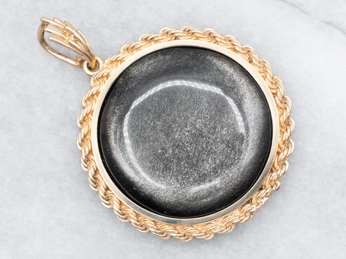 14k Yellow Gold Golden Sheen Obsidian Pendant, Large Round Stone
