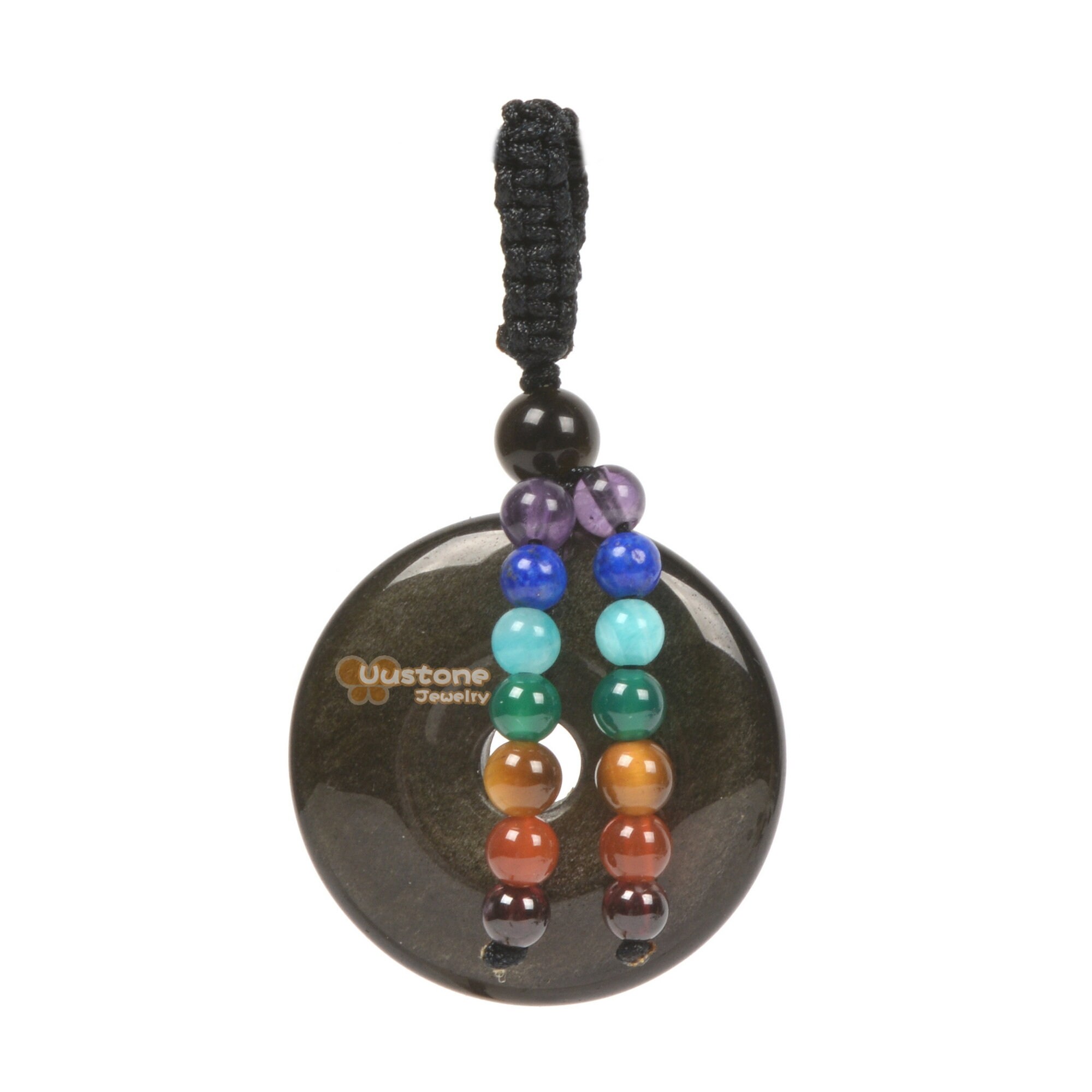 30mm Natural Golden Obsidian Donut Beads Peace Buckle 7 Chakra Gemstone Micro Macrame Hand-woven Pendant