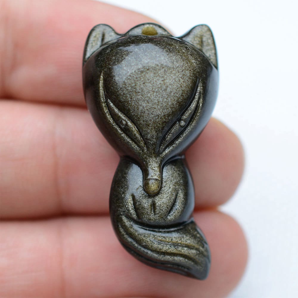 G0788 Natural Golden Obsidian Carved Cute Fox Pendant Bead 35mm