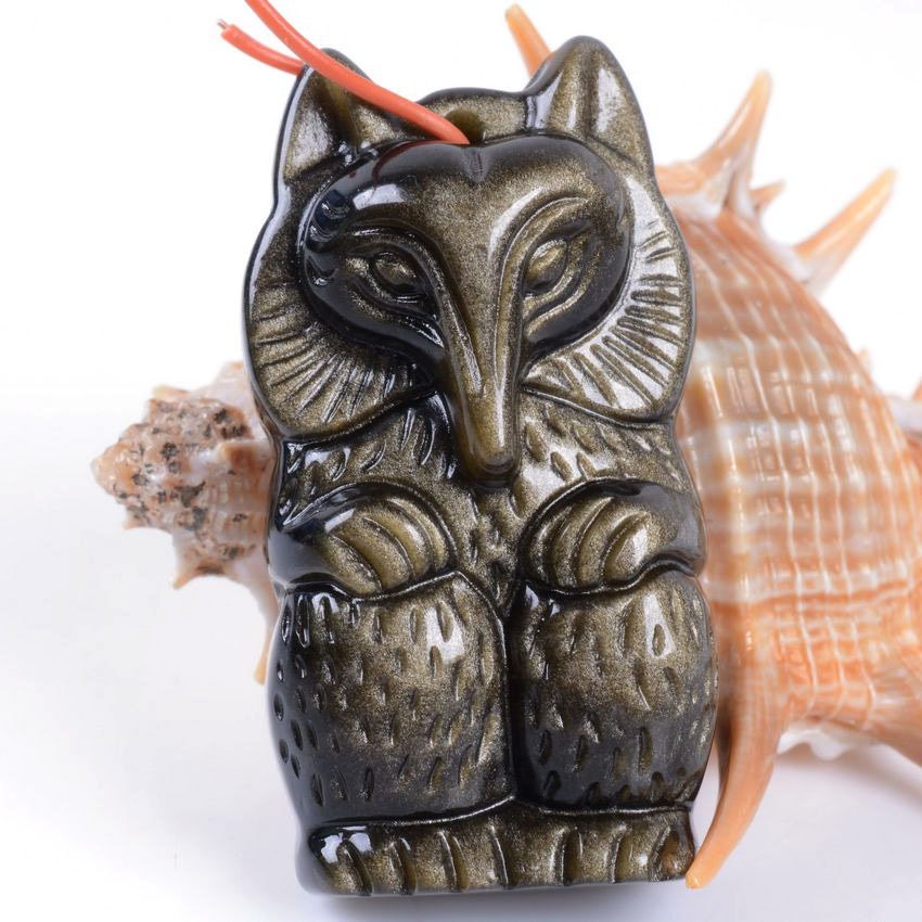 G0868  40mm Natural Golden Obsidian Fox Pendant Focal Bead