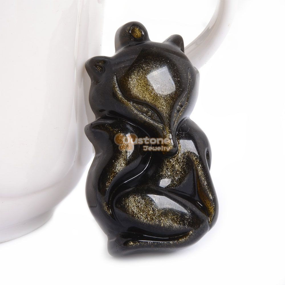 G3824 Natural Golden Obsidian Carved Cute Fox Pendant Bead 44mm