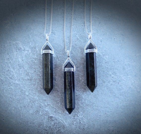 Golden Obsidian Gemstone Necklace Sterling Silver • Genuine Obsidian • Obsidian Point Necklace • Silver Obsidian Pendant • Crystal Point