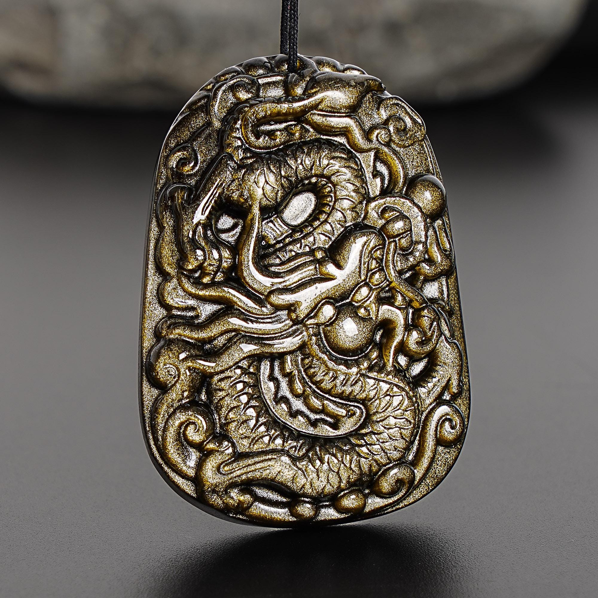 Genuine Natural Golden Obsidian Mysterious Chinese Dragon Pendant Grade Aaa Gemstone Obsidian Pendant