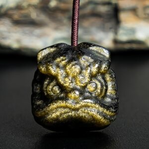 Genuine Natural Golden Obsidian Dancing Lion Head Pendant Grade Aa Gemstone Obsidian Pendant (5 Pcs)