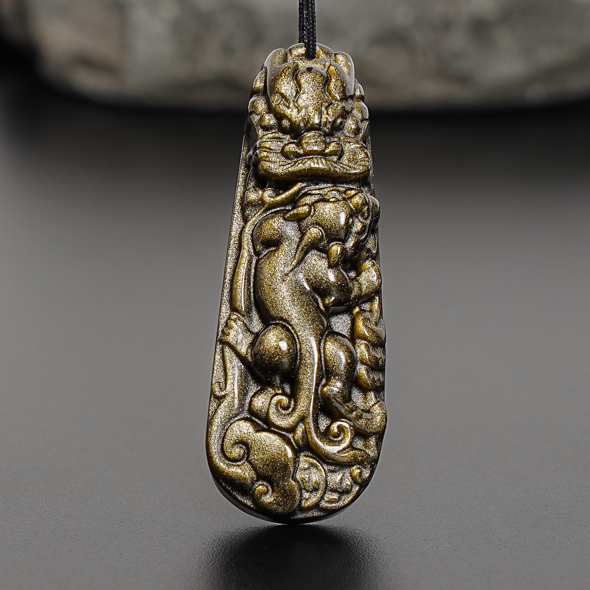 Genuine Natural Golden Obsidian Majestic Chinese Dragon Pendant Grade Aaa Gemstone Obsidian Pendant