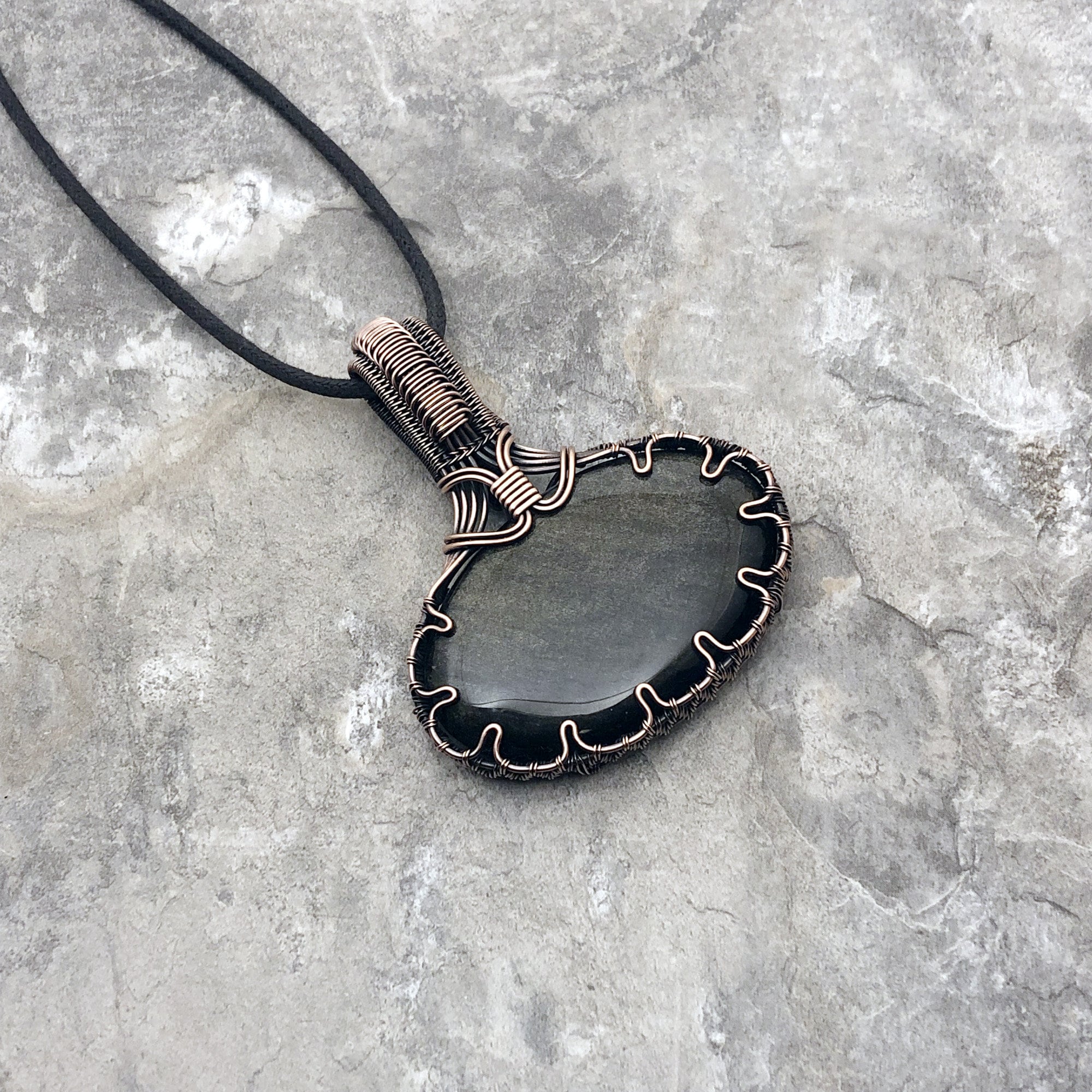 Handmade Gold Sheen Obsidian Pendant: Copper Wire Wrapped Jewelry - Made In The Usa          0295