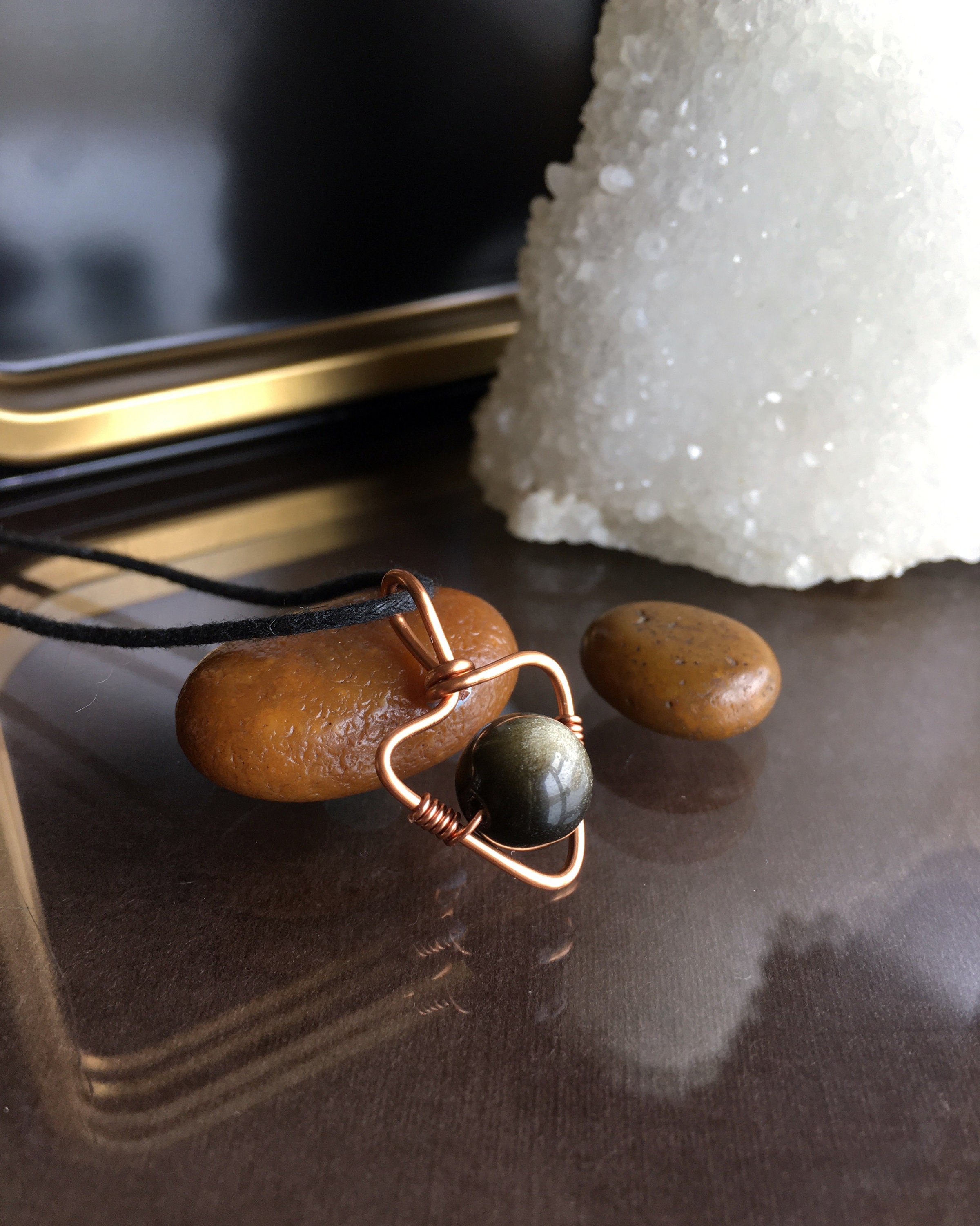 Handmade Golden Obsidian Pendant Necklace, Minimalist Gift