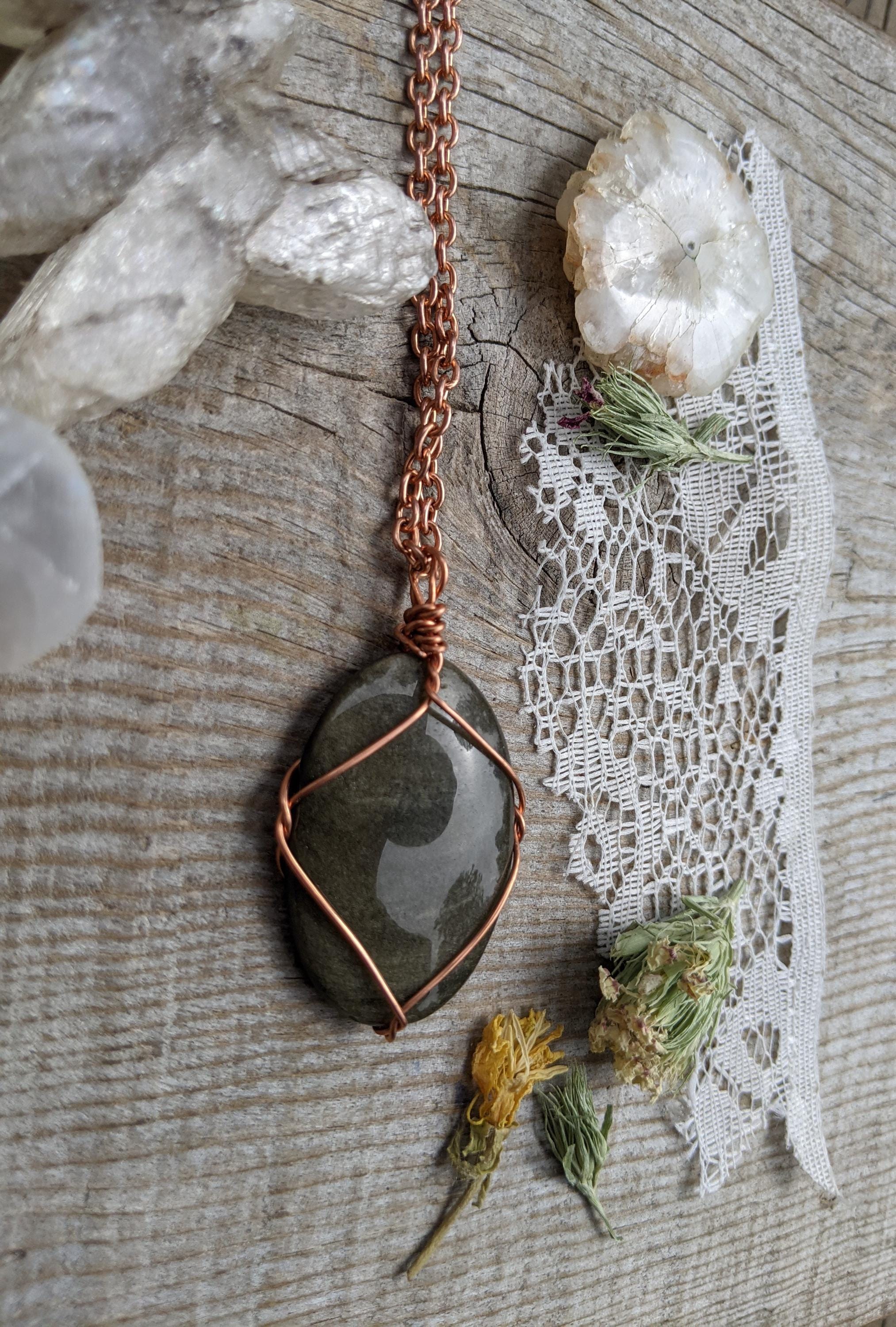 Large Sheen Obsidian Crystal Pendant, Golden Sheen Obsidian Necklace, Sheen Obsidian Crystal, Crystal Pendant In Solid Copper, Natural Cryst