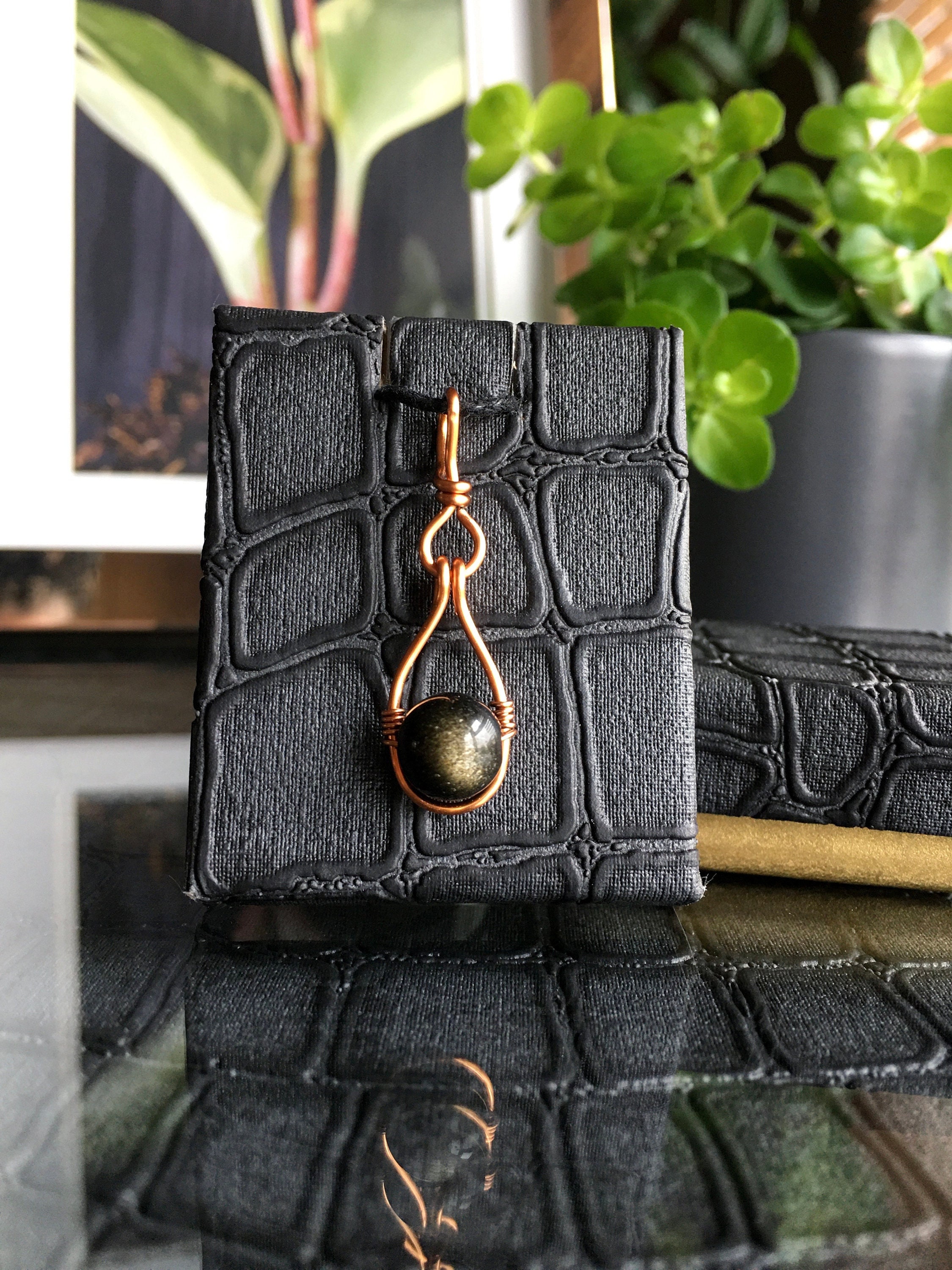 Golden Obsidian Pendant Necklace, Handmade Gift Box Golden Obsidian Pendant Necklace, Handmade Gift Box