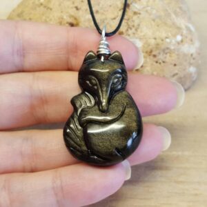Golden sheen Obsidian fox pendant. Sterling silver. Reiki jewelry uk. Wire wrap necklace. Unisex sleeping fox necklace.