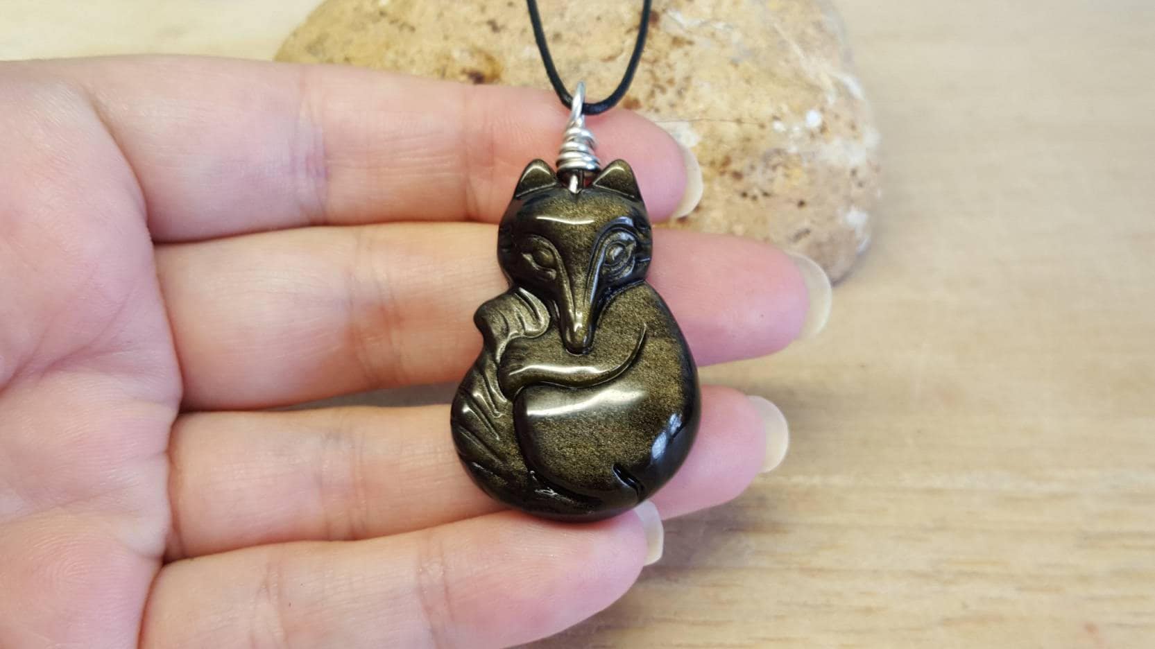 Golden Sheen Obsidian Fox Pendant. Sterling Silver. Reiki Jewelry Uk. Wire Wrap Necklace. Unisex Sleeping Fox Necklace.
