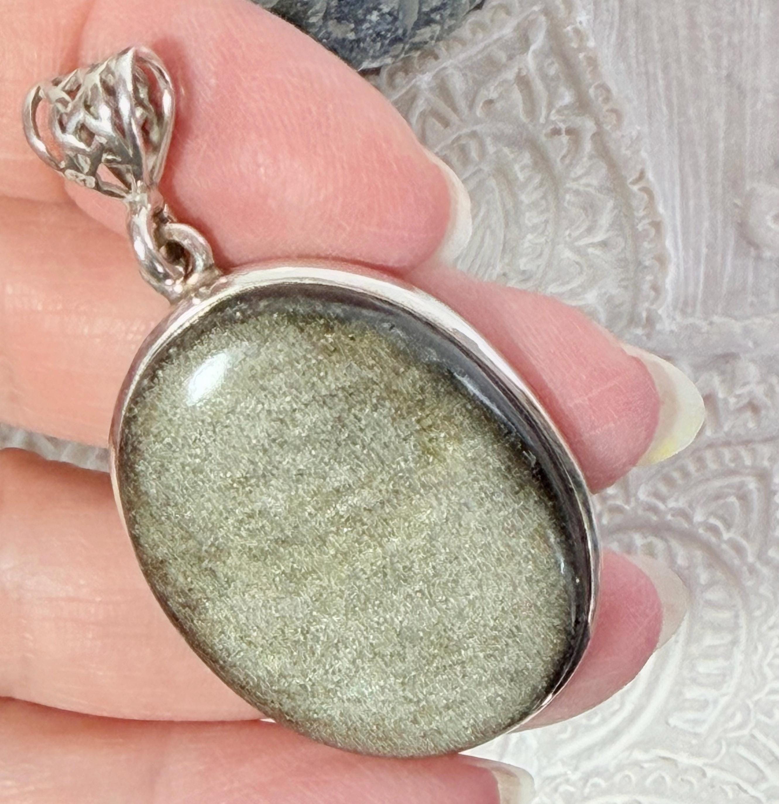 Golden Sheen Obsidian Oval Pendant, Sterling Silver Setting, Unisex Jewelry