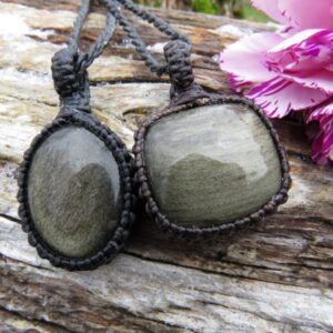 Silver Sheen Obsidian Necklace Set | Golden Obsidian Pendant | Handmade Layered Necklace | Gift For Dad | Gift For Mom | Macrame Jewelry