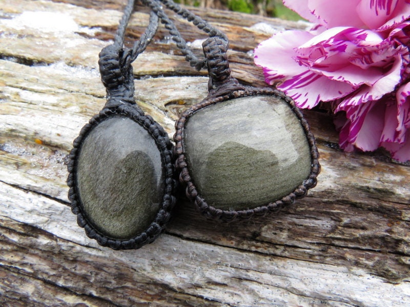 Silver Sheen Obsidian Necklace Set | Golden Obsidian Pendant | Handmade Layered Necklace | Gift For Dad | Gift For Mom | Macrame Jewelry