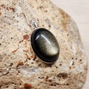Simple oval Golden sheen Obsidian pendant. 925 Sterling silver. Reiki jewelry uk. Semi precious stone. 18x13mm