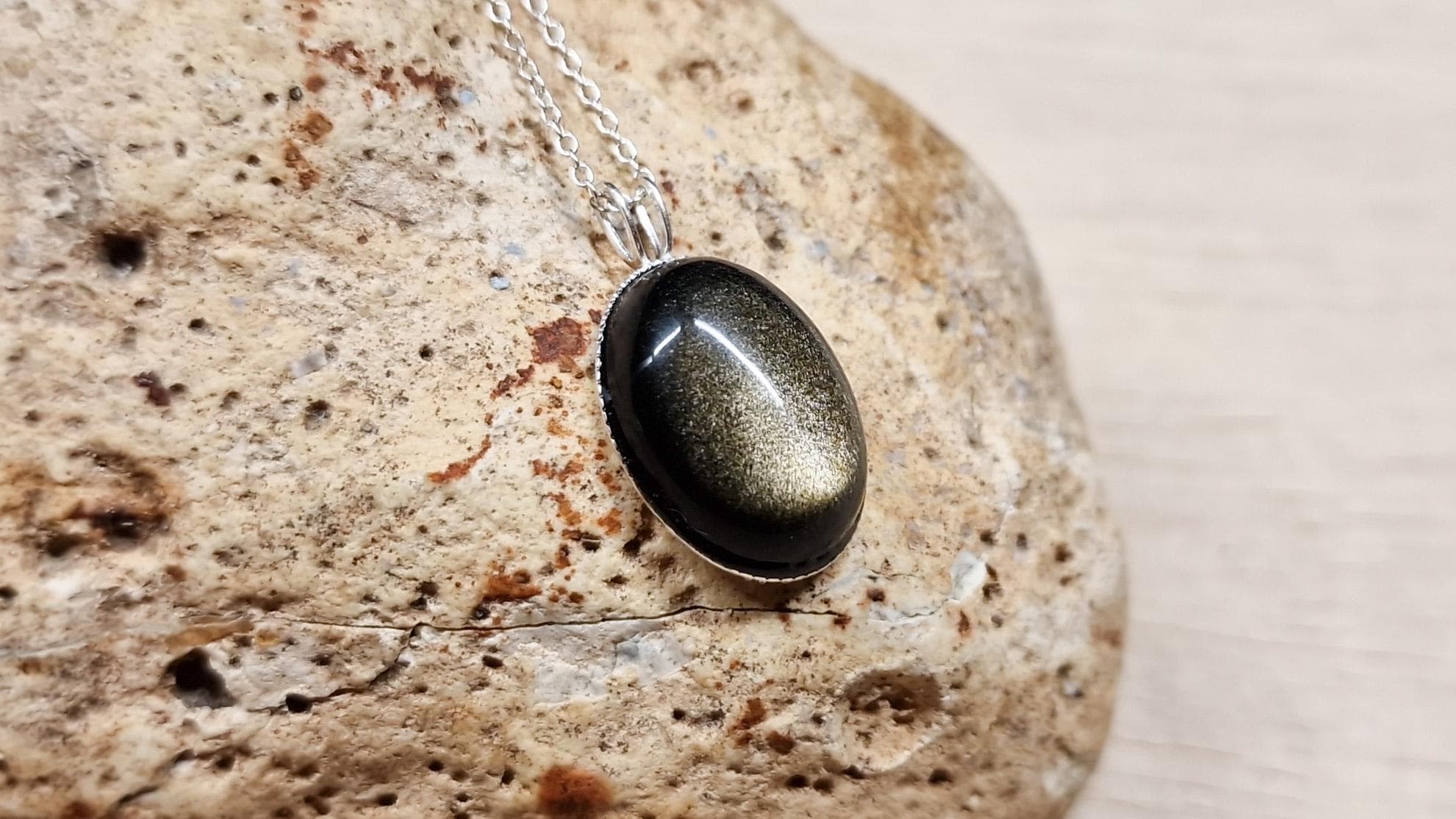 Simple Oval Golden Sheen Obsidian Pendant. 925 Sterling Silver. Reiki Jewelry Uk. Semi Precious Stone. 18x13mm