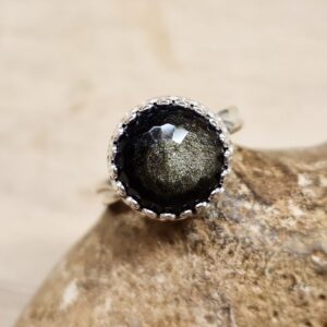 Faceted Golden sheen Obsidian ring. 925 sterling silver adjustable rings for women. Reiki jewelry uk. 12mm stone
