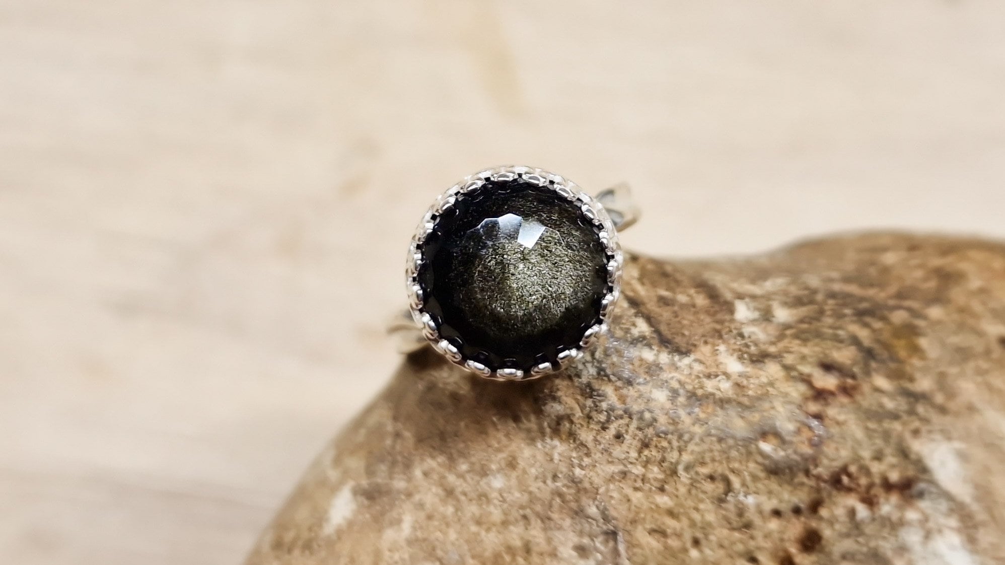 Faceted Golden Sheen Obsidian Ring. 925 Sterling Silver Adjustable Rings For Women. Reiki Jewelry Uk. 12mm Stone
