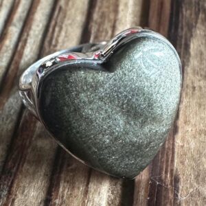 Gold Sheen Obsidian Sterling Silver Ring, Size 8.5, Heart Solitaire Gem, Metallic Sparkle Gemstone, Natural Stone Jewelry, Artisan