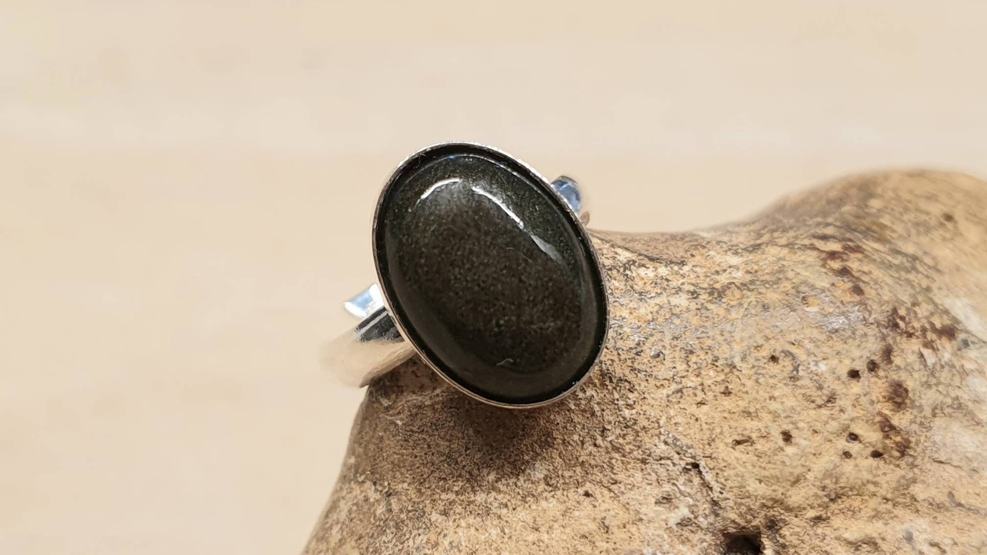 Golden Sheen Obsidian Ring. Reiki Jewelry Uk. 14x10mm Stone. 925 Sterling Silver Adjustable Rings For Women. Empowered Crystals