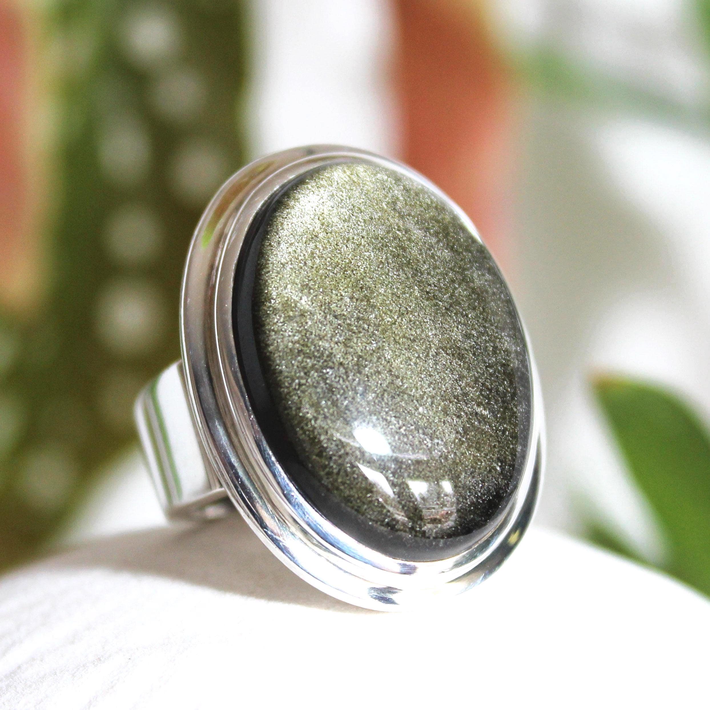 Golden Sheen Obsidian Ring: Unisex 925 Sterling Silver, Size 7-7.5