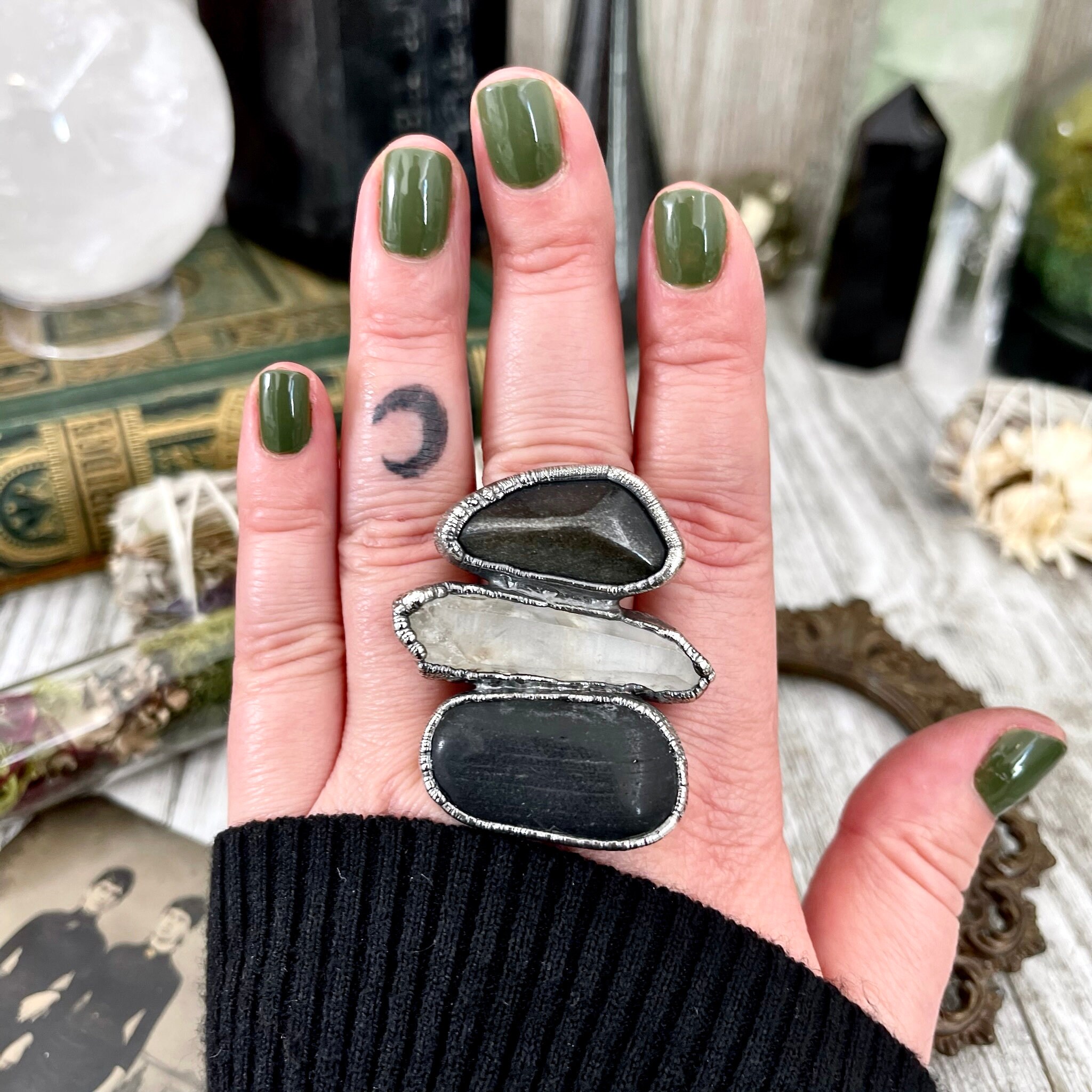Size 9 Crystal Ring - Three Stone River Rock Raw Quartz Golden Sheen Obsidian Ring In Silver / Foxlark Collection - One Of A Kind Jewelry