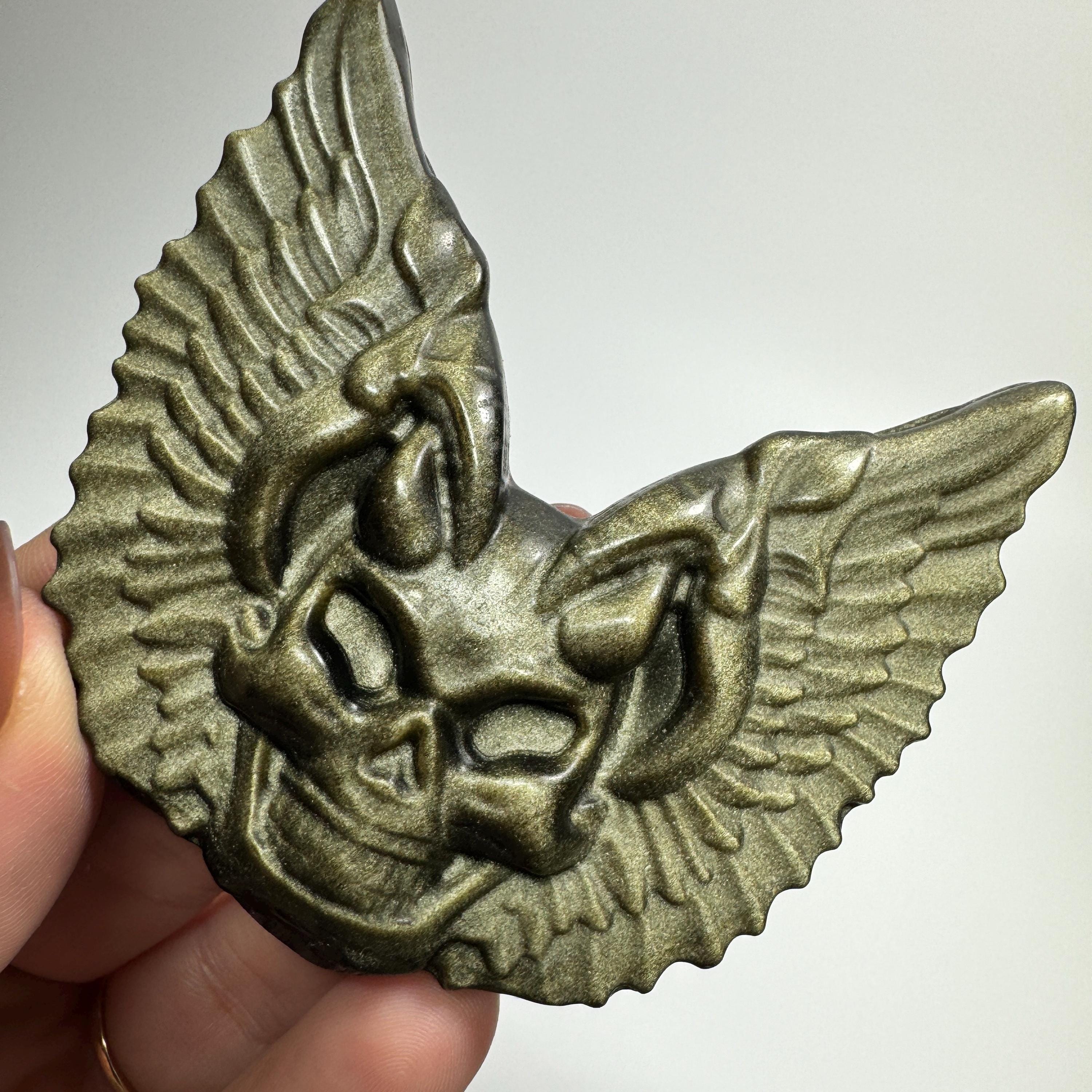 Black Obsidian Skull Wings | Crysta Skull With Wings | Gold Sheen Obsidian Skull | Silver Sheen Obsidian Skull Wings