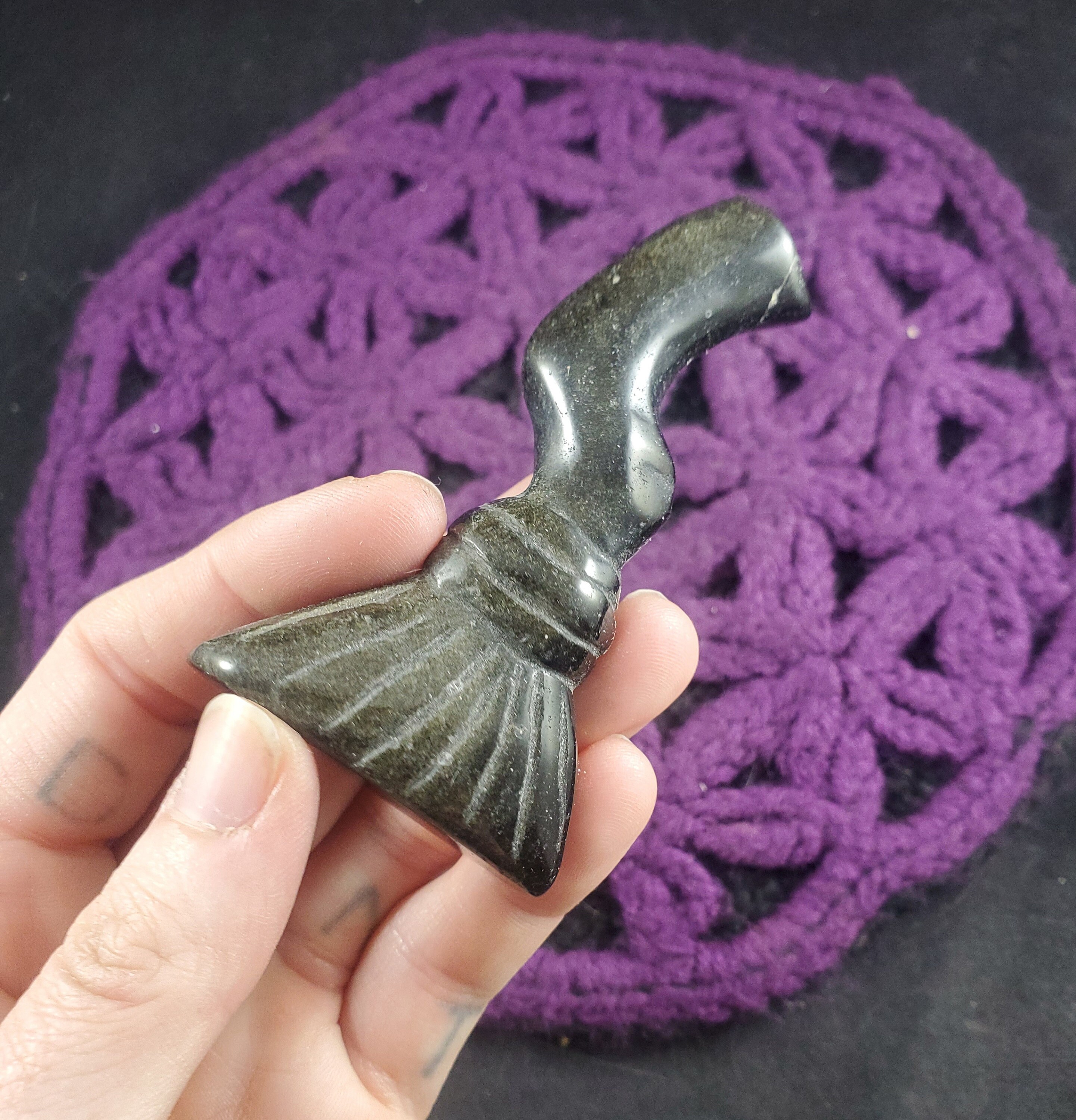 Gold Sheen Obsidian Broom Carving Self Standing Crystals Magick Witches Besom Stones Moonchild Starseed Polished Carved Black Halloween