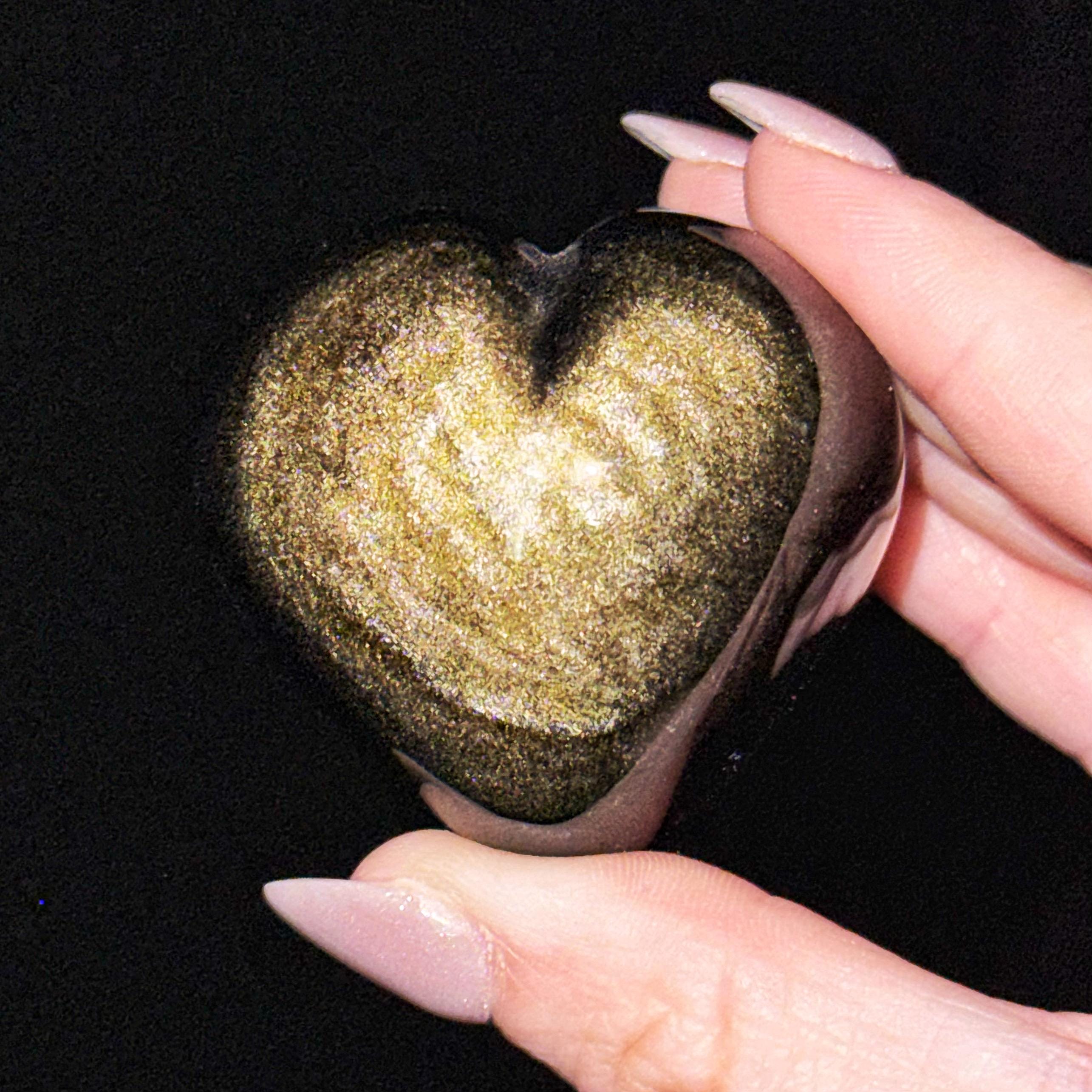 Gold Sheen Obsidian Heart | 89g | - #11 (polished Black Crystal Carving, Solar Plexus Chakra, Grounding) Gold Sheen Obsidian Heart | 89g | - #11 (polished Black Crystal Carving, Solar Plexus Chakra, Grounding)