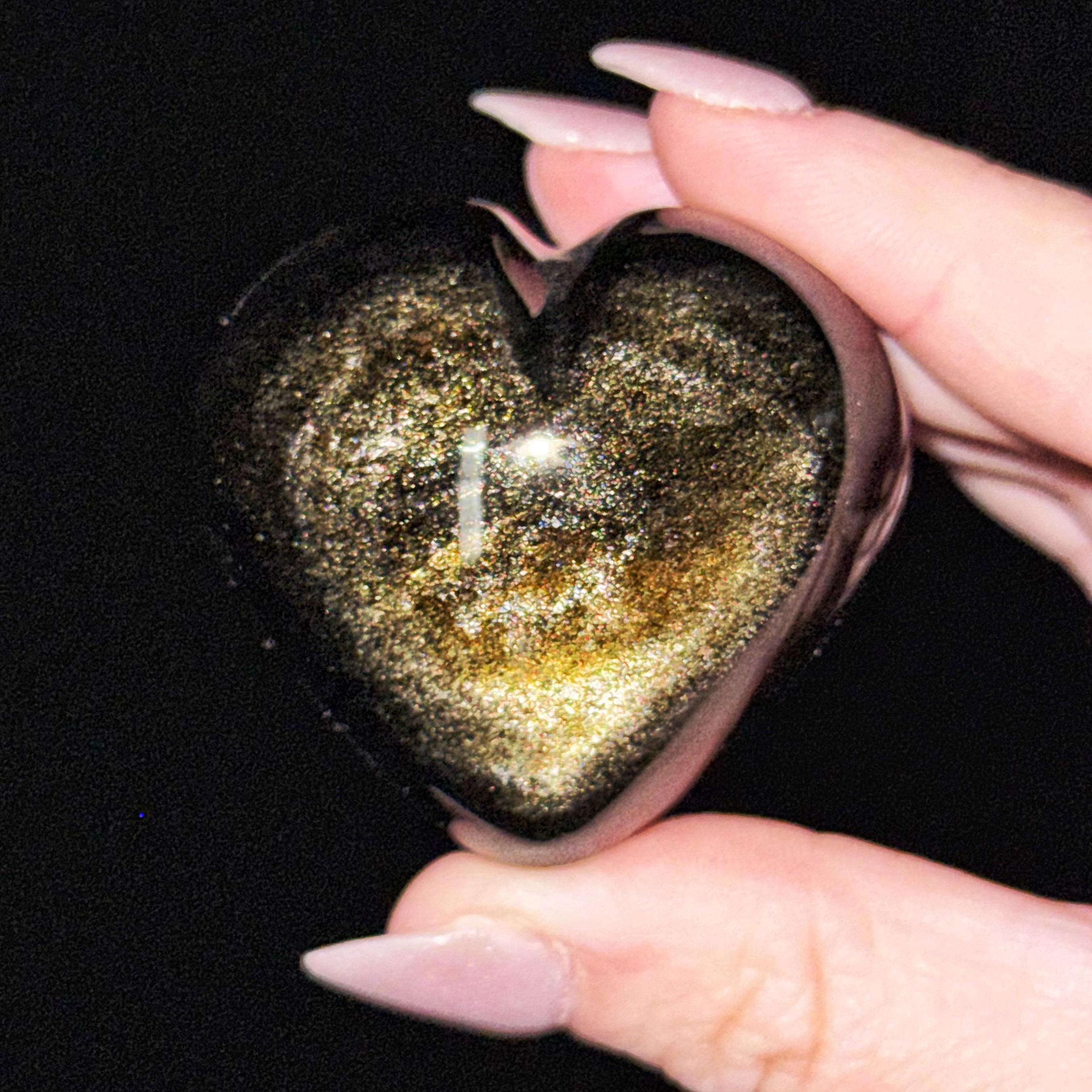 Gold Sheen Obsidian Heart | 89g | - #8 (polished Black Crystal Carving, Solar Plexus Chakra, Grounding)
