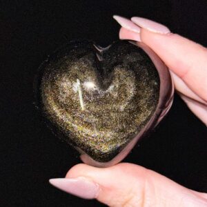 Gold Sheen Obsidian Heart | 89g | - #7 (polished Black Crystal Carving, Solar Plexus Chakra, Grounding) Gold Sheen Obsidian Heart | 89g | - #7 (polished Black Crystal Carving, Solar Plexus Chakra, Grounding)