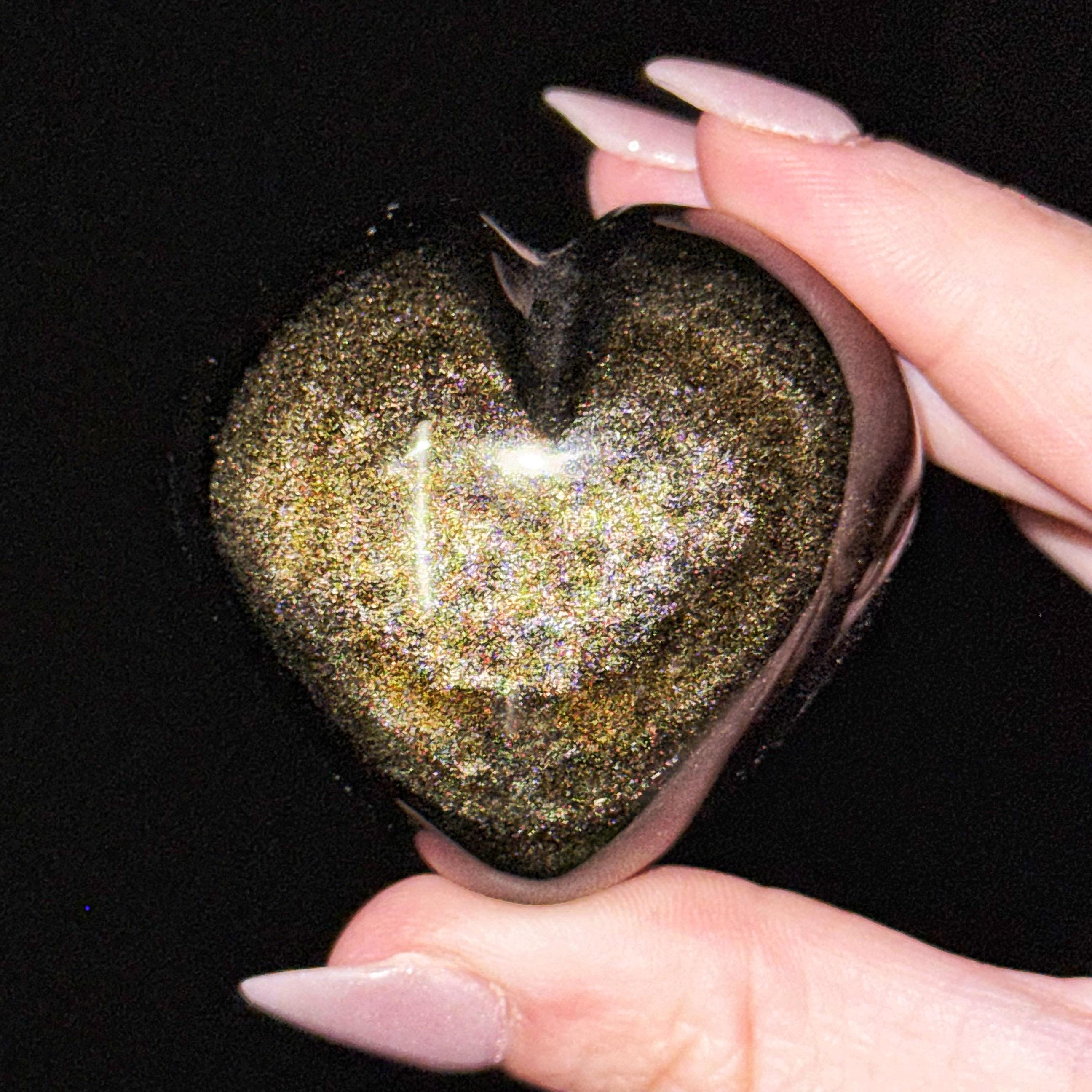 Gold Sheen Obsidian Heart | 89g | - #6 (polished Black Crystal Carving, Solar Plexus Chakra, Grounding)