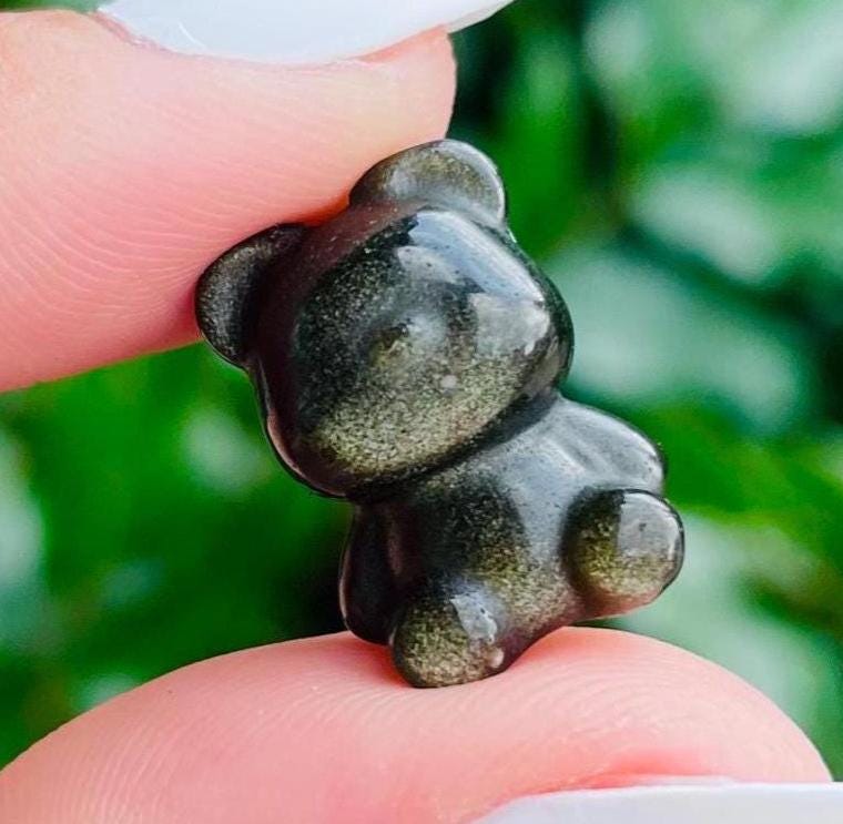 Mini Gold Sheen Obsidian Crystal Bear: Drilled Gemstone Carving (17x12 Mm)