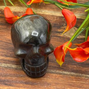 Golden Sheen Obsidian Crystal Skull, Realistic Details, Healing Crystal Fine Art Sculpture, 2"