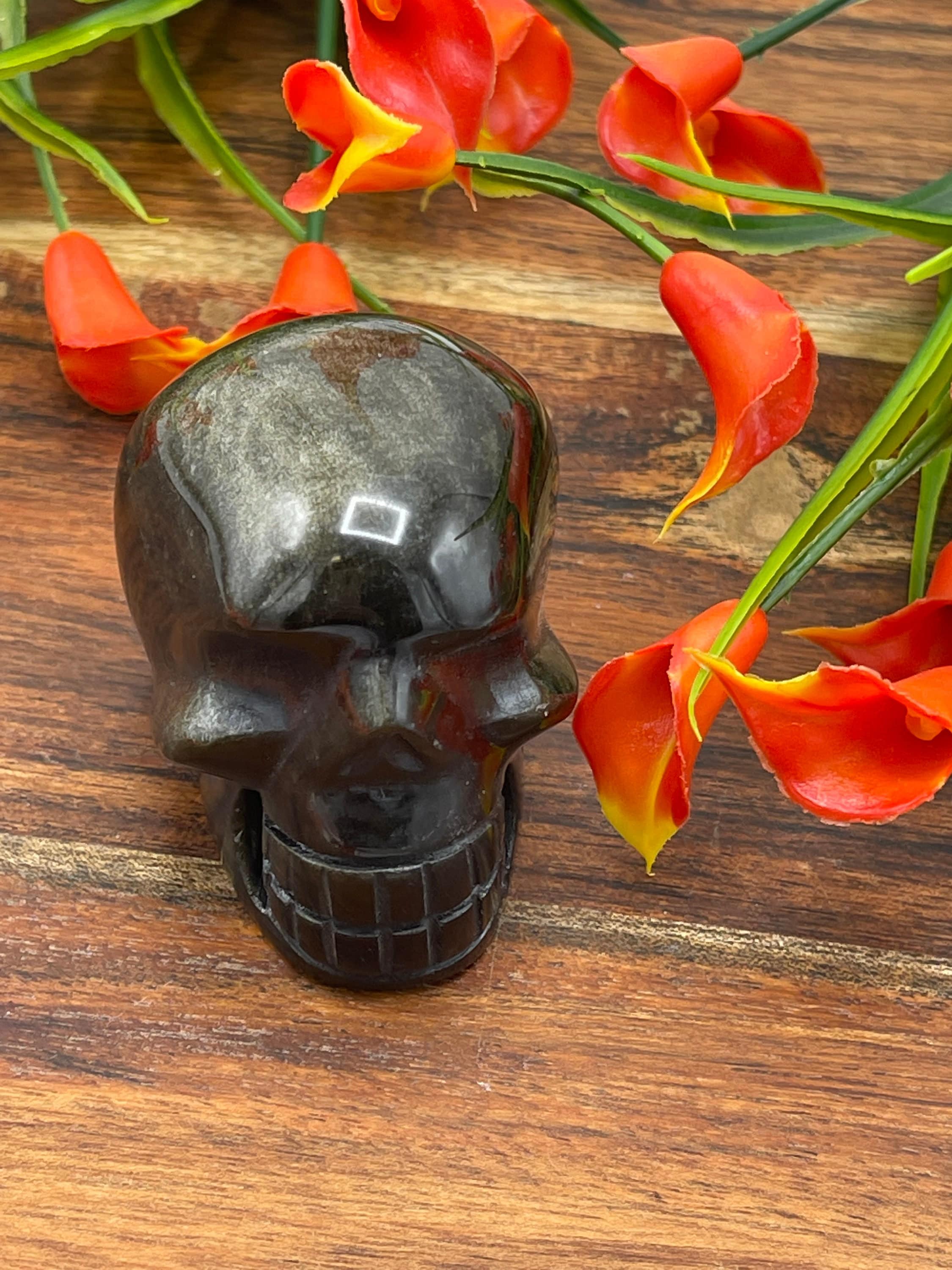 Golden Sheen Obsidian Crystal Skull, Realistic Details, Healing Crystal Fine Art Sculpture, 2"