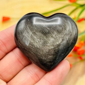 Golden Sheen Obsidian Heart Palm Stone, Black Obsidian Massage Stone, 2 inches